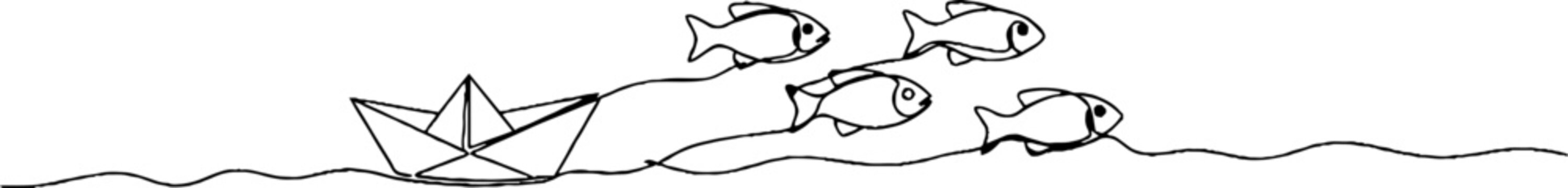 Origami paper boats and fish floating on water illustration.