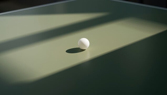 Soft natural light highlighting a ping pong ball shadow on a muted green table