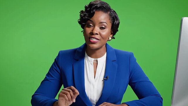Professional Black Female News Anchor in Green Screen Studio