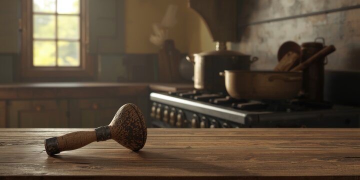 Rustic cooking setup with vintage potatoes masher and pot on rough wood