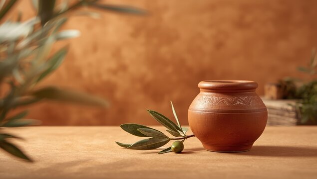 Traditional olive oil container with fresh olive branch positioned on ocher backdrop with text area