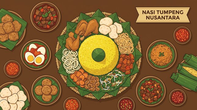 A top-down vector illustration of Indonesian traditional festive food "Nasi Tumpeng Nusantara" with various side dishes on banana leaves against a brown background