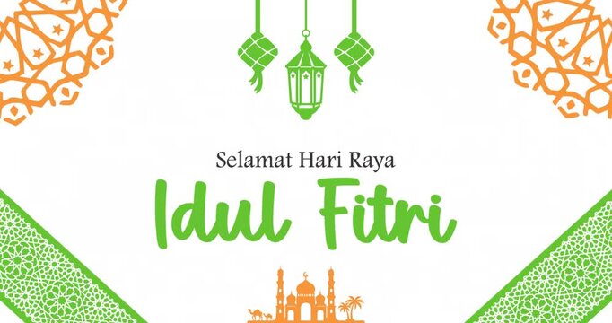 Animated text greeting 'selamat hari raya idul fitri' with Islamic decoration typical of the Middle East.