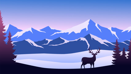 Wildlife landscape illustration with reindeer and winter mountain © Moleng24
