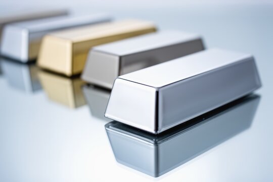Precious metal bars in a row with mirrored reflections and soft lighting
