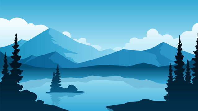 Mountain landscape illustration with lake and pine forest