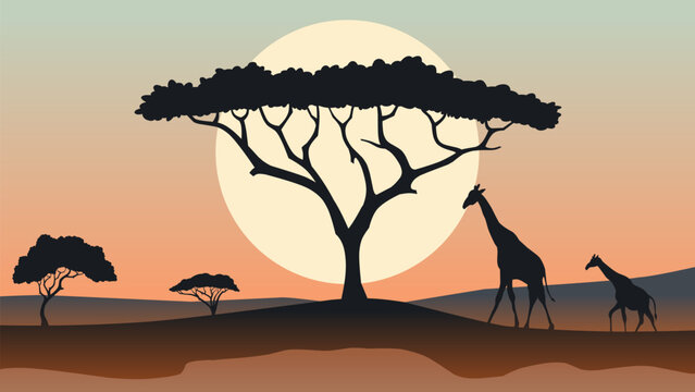 African wildlife illustration with giraffe in savanna landscape