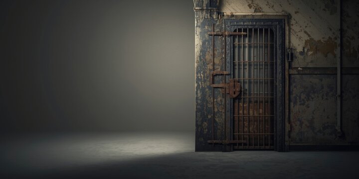 Metal barred prison door with weathered lock and aged architectural textures