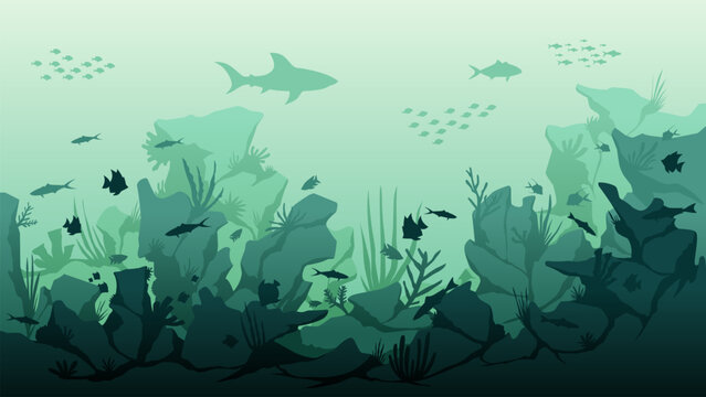 Underwater landscape illustration with coral reef and fish