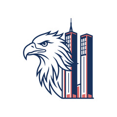 Fototapeta premium Patriotic Eagle Head and Twin Skyscrapers Vector Logo