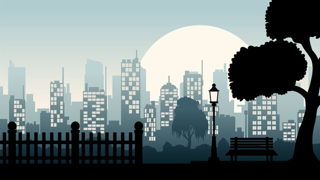 Cityscape illustration with city park and skyline buildings
