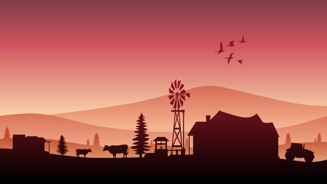 Countryside landscape illustration with farmhouse and rural scene