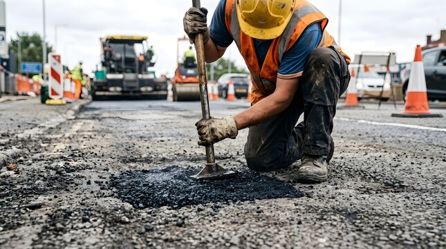Road worker kneeling to repair pothole with hot asphalt and hand tamper tool on city street.
