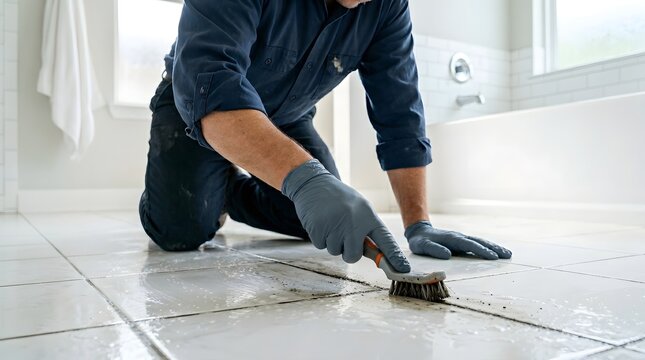 Professional cleaner kneeling on bathroom floor scrubbing tile grout with manual hand brush.