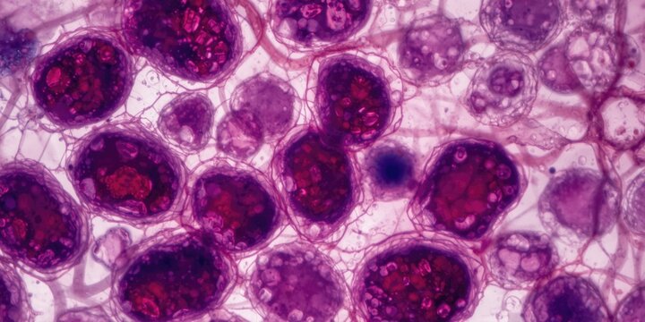 Histology slide of liver cells dyed to show polyploid nuclei and presence of binucleated hepatocytes