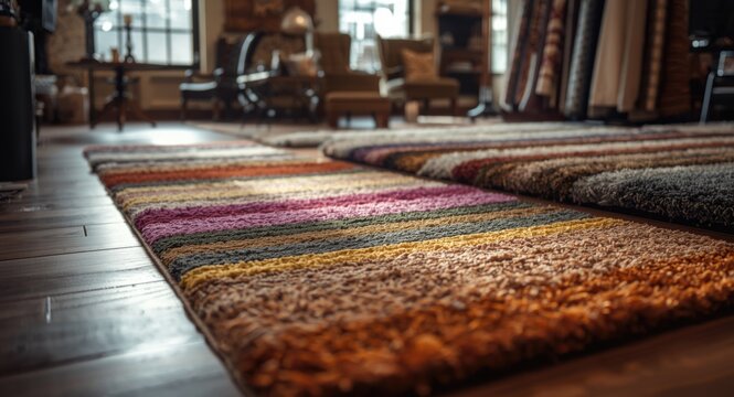 Interior decor showcasing colorful carpet swatches with varied textures in a home goods store