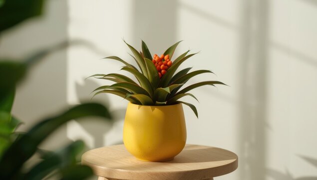 Striking Schubert Aechmea Bromeliad with orange berries housed in vibrant yellow planter ideal for decor