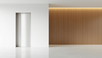 Fototapeta premium Sleek white interior design featuring opening folding door and copy space background with wooden wall