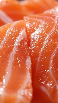 Close-up macro shot of glistening, raw salmon fillets showcasing their vibrant orange hue and marbled texture, promising a succulent culinary experience.