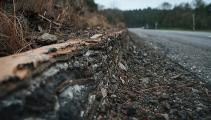 Fototapeta premium Side view of storm eroded curb showing detailed earth and rock layers