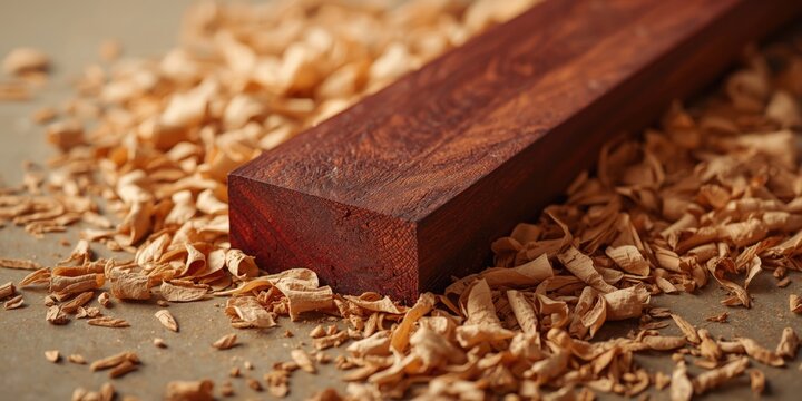Mahogany timber cut resting on smooth scattered wood shavings surface