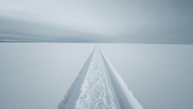 unmarked snowy landscape with double parallel ski tracks