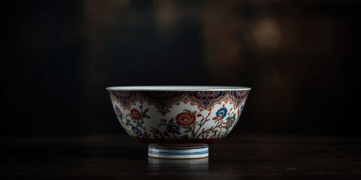 Ornate Japanese antique Imari rice bowl softly set against dark blurred background