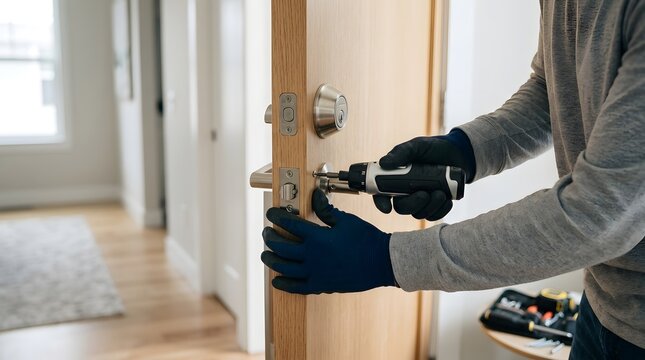 Locksmith in gloves installing new door handle with electric screwdriver for home security.
