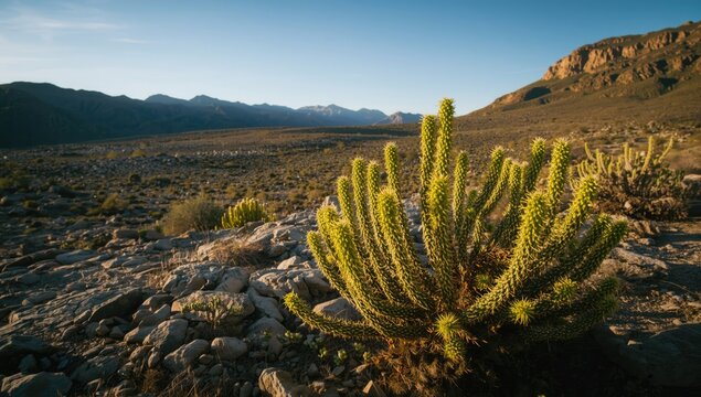 Open rocky mountain expanse accented by green spurge cactus in pristine desert habitat