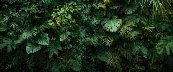 Fototapeta premium Layered tropical foliage vertical garden offering a rich green background