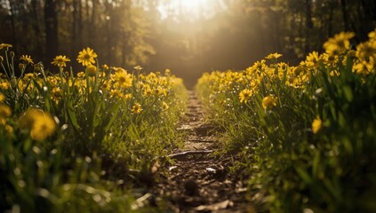 Obraz premium Shining yellow flowers marking a tranquil nature path