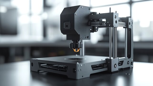 3D printer producing a small mechanical part, illustrations isolated white background