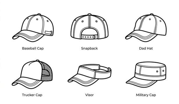 Classic Baseball Caps and Snapback Headwear Flat Line Art Vector Icons