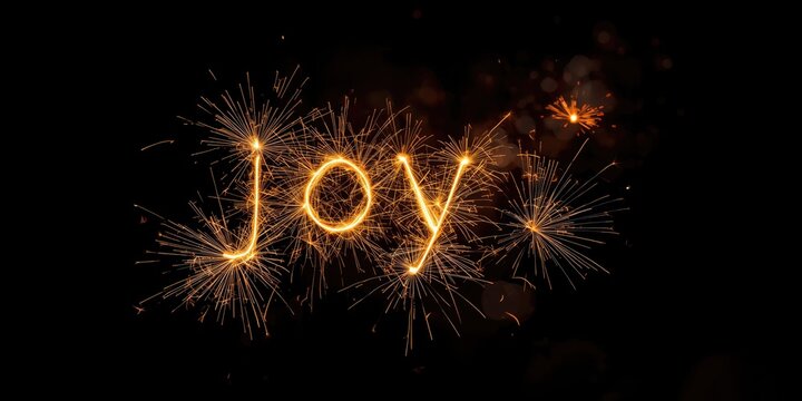 Joyful celebration card featuring glowing sparkler font and vibrant fireworks on black background