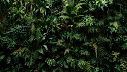Fototapeta premium vertical greenery display with tropical ferns and epiphytes on a soft black backdrop