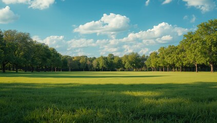 Obraz premium Vibrant outdoor setting showing a wide grassy ground with tall tree borders on a summer day