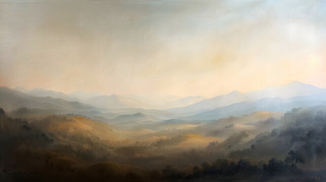 Soft light illuminates a series of rolling mountain ridges fading into a hazy horizon.