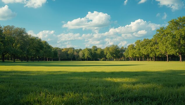 Vibrant outdoor setting showing a wide grassy ground with tall tree borders on a summer day