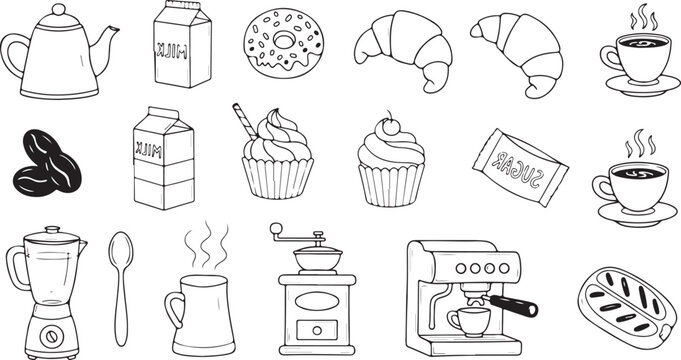 A minimal, black and white collection of hand-drawn cafe and breakfast doodle vectors. Features coffee makers, brewing tools, croissants, cupcakes, and essential morning routine elements.