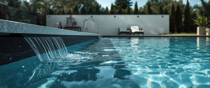 Pool edge fitted with black gutter system for efficient swimming pool overflow drainage