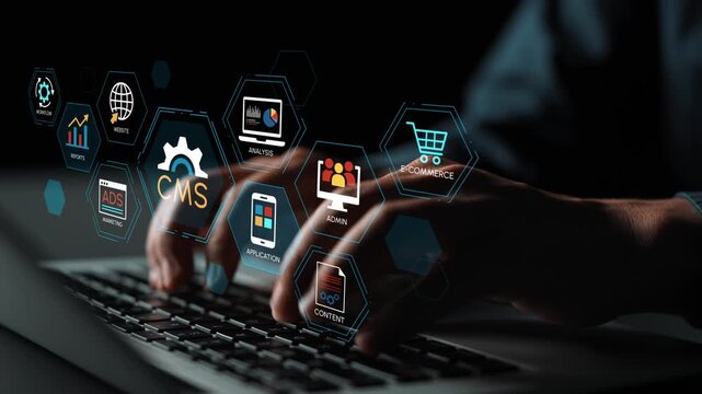 Hands Typing on Laptop Keyboard with Digital Icons Representing E-commerce, Content Management System, and Online Marketing Tools in a Dark Environment. Entropy.