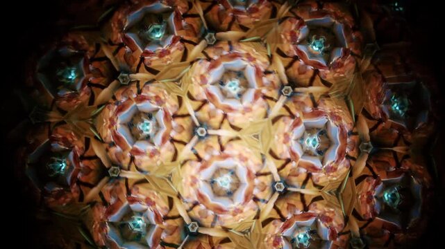 Abstract kaleidoscope visual formed by mirrored organic textures resembling shells or dried botanical elements, creating symmetrical geometric patterns