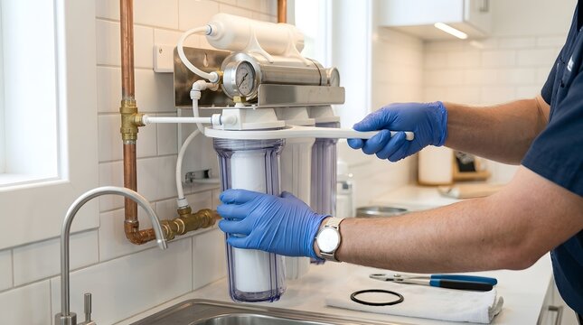 Plumber in blue gloves changing filter cartridge of reverse osmosis water system kitchen.