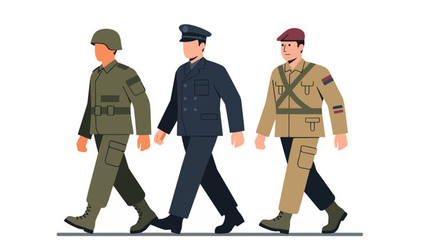 Three Soldiers in Different Uniforms Marching Side by Side