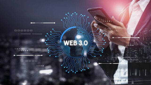 Business professional engaging with smartphone in a futuristic digital environment showcasing interconnected global networks and the concept of Web 3.0 technology. Entropy.