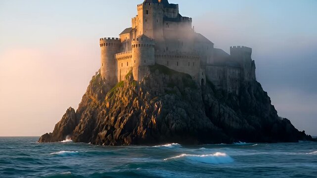Ancient Castle on Rocky Island Surrounded by Choppy Ocean Waves at Sunset.