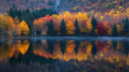 Obraz premium A serene lake with colorful autumn trees surrounding it, their reflections shimmering on the water