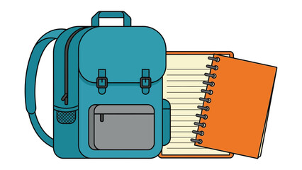 School Backpack and Notebook: A vibrant blue backpack stands beside an open spiral notebook and a closed orange notebook, symbolizing education and back-to-school readiness. © Juhhad