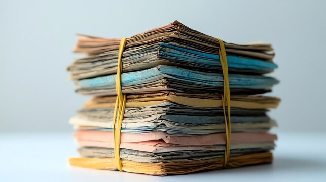 A stack of invoices tied together with a rubber band, resting on a clean desk illustrations isolated white background