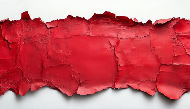 A torn strip of vibrant red paper, edges rugged and raw, revealing a white background underneath, framed in bold contrast